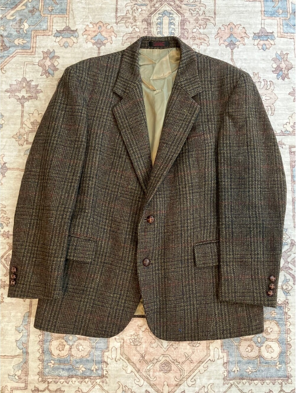 English Manor Mens 42S Brown Tweed Sport Coat Wool Plaid Blazer Two Button